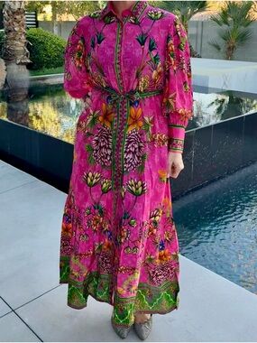 Luxe Pink Floral Long Sleeve Maxi Dress with Belt NWT Large & XL Mothers Day